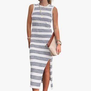 PRETTYGARDEN Casual Sleeveless Knit Side Slit Striped Midi Dress
